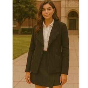 Faherty Fringe Embroidered Chunky Knit Open Blazer Medium Black Western Academia